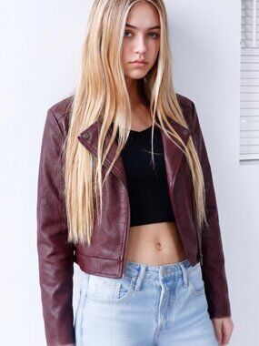 Girls Maroon Faux Leather Jacket